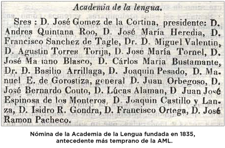 Nómina de la Academia de la Lengua fundada en 1835, antecedente más temprano de la AML.
