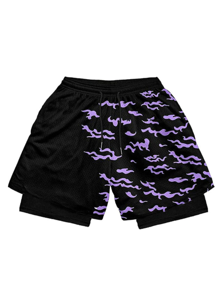 Black Performance Mesh Athletic Shorts with Hokuro Screen Print Detail
