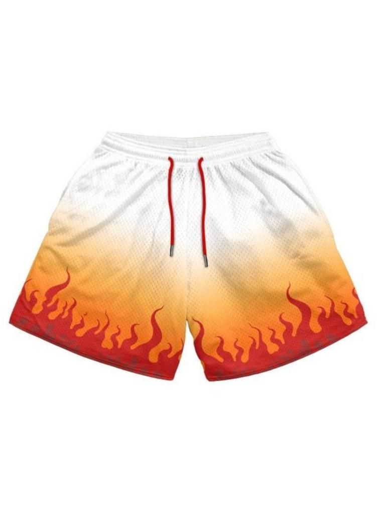 Flame Print Polyester Mesh Shorts for One Piece Fans