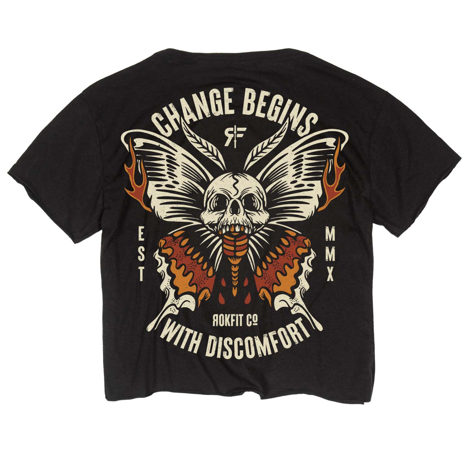 Butterfly Skull Crop Top Evolution Fit Raw-edge Sleeves Hem Black